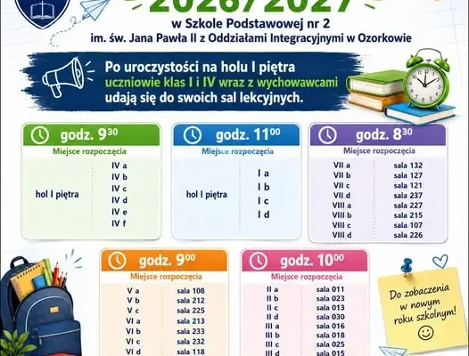 Szkoła Podstawowa nr 2 w Ozorkowie ogłasza harmonogram rozpoczęcia roku szkolnego 2026/2027