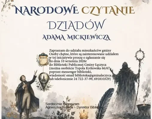 Narodowe Czytanie 2026 w Gminie Łęczyca: Dziady Mickiewicza – zapisy do 10 września